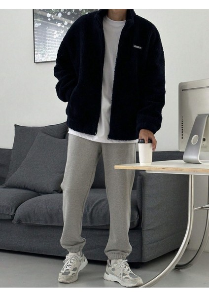 Oversize Tam Fermuarlı Kuzu Sweatshirt Içi Polarlı Sherpa Kumaş Sweatshirt Lacivert L fırsatları