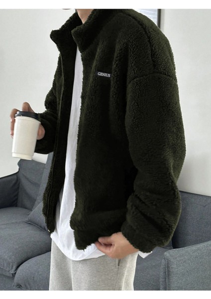 Genius Store Oversize Tam Fermuarlı Kuzu Sweatshirt Içi Polarlı Sherpa Kumaş Sweatshirt Haki Xl