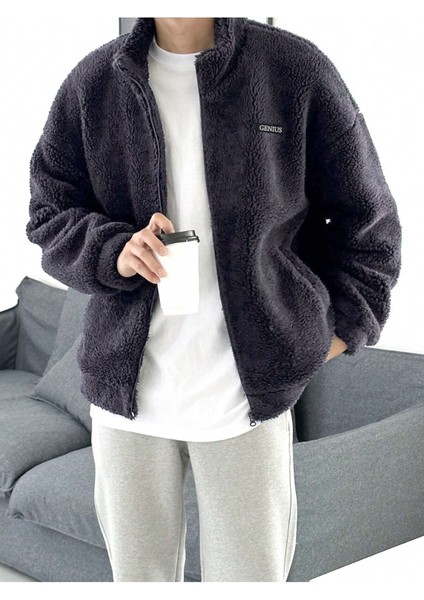 Genius Store Oversize Tam Fermuarlı Kuzu Sweatshirt Içi Polarlı Sherpa Kumaş Sweatshirt Füme M