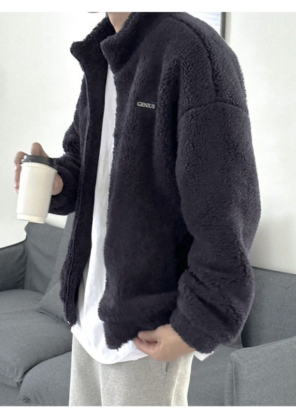 Genius Store Oversize Tam Fermuarlı Kuzu Sweatshirt Içi Polarlı Sherpa Kumaş Sweatshirt Füme M