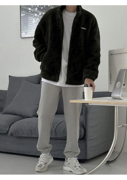 Oversize Tam Fermuarlı Kuzu Sweatshirt Içi Polarlı Sherpa Kumaş Sweatshirt Haki 2Xl fırsatları