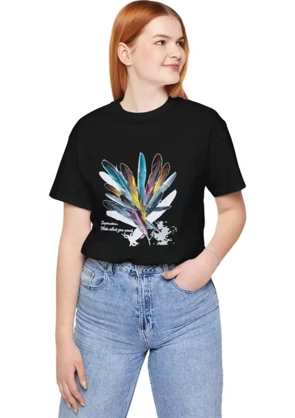 Unisex Bisiklet Yaka Baskılı T-Shirt - Siyah