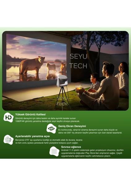 Taşınabilir Powerbankli 4K Destekli 1080P Android Sistemli Sinema Projeksiyon Cihazı