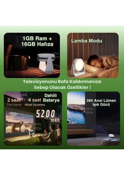 Taşınabilir Powerbankli 4K Destekli 1080P Android Sistemli Sinema Projeksiyon Cihazı