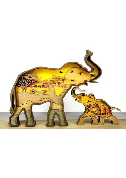 Ahşap Mdf Çok Katmanlı Anne ve Yavru Fil Dekoratif Obje