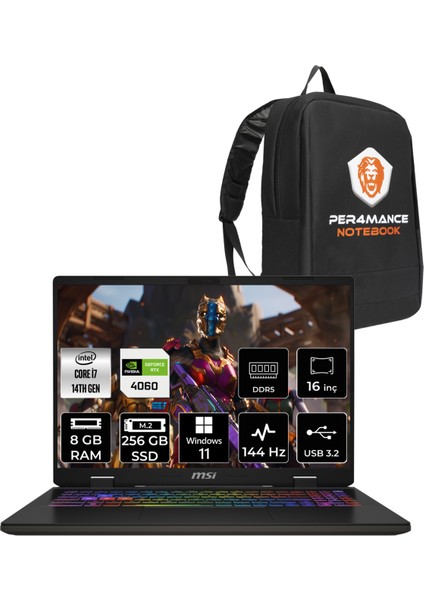 Msı Sword 16 Hx Intel Core I7 14700HX 8gb 256GB SSD RTX4060/8GB 16" Fhd+ 144Hz W11P Taşınabilir Bilgisayar & Per4 Çanta B14VFKG061XTRP381