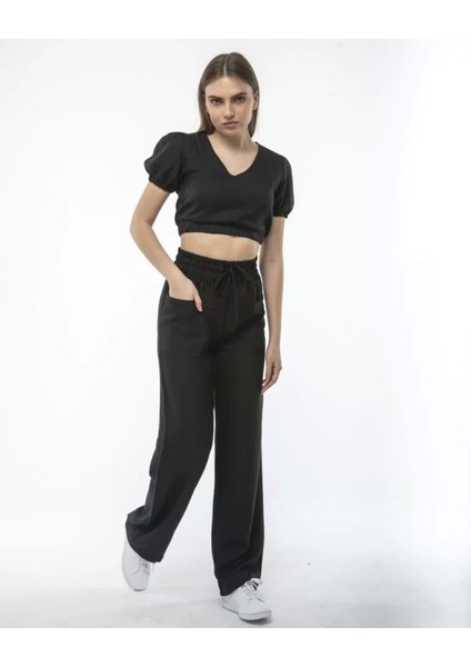 Kadin Keten Pantalon ve Crop Takım - Siyah