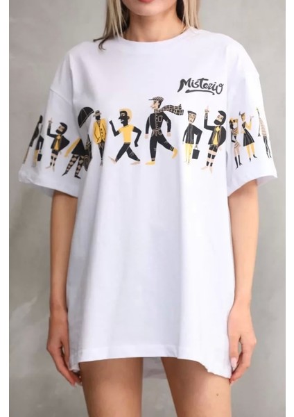 Unisex Bisiklet Yaka Baskılı Oversize T-Shirt - Beyaz modelleri