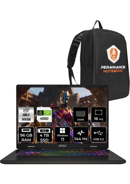 Msı Sword 16 Hx Intel Core I7 14700HX 96GB 4tb SSD RTX4060/8GB 16" Fhd+ 144Hz W11P Taşınabilir Bilgisayar & Per4 Çanta B14VFKG061XTRP420