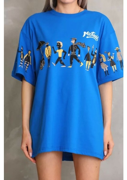 Unisex Bisiklet Yaka Baskılı Oversize T-Shirt - Mavi modelleri