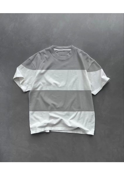 Unisex Bisiklet Yaka Parçalı T-Shirt - Gri