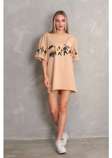 Unisex Bisiklet Yaka Baskılı Oversize T-Shirt - Bej modelleri