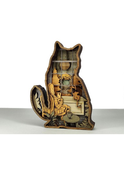 Ahşap Mdf Çok Katmanlı Camdaki Kedi Dekoratif Obje
