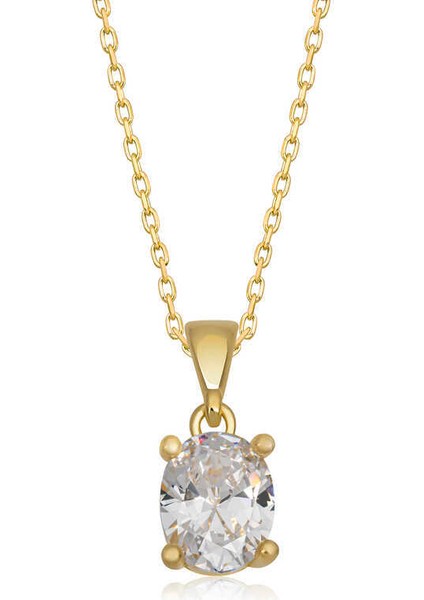 Gümüş Gold Oval Zirkon Taşlı Kadın Kolye
