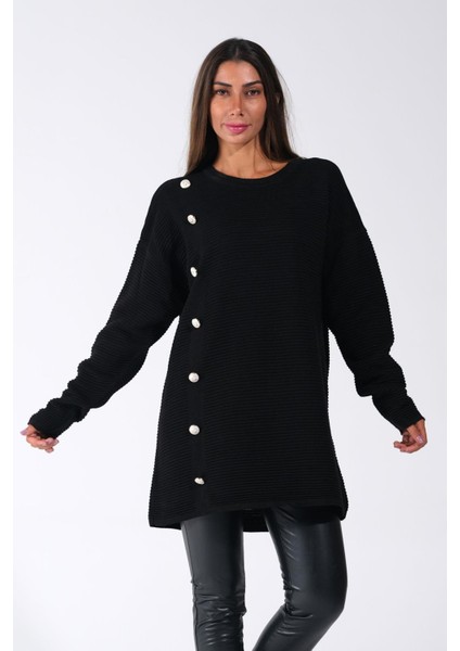 Kadın Siyah Bisiklet Yaka Fitilli Düğme Detaylı Triko Kazak