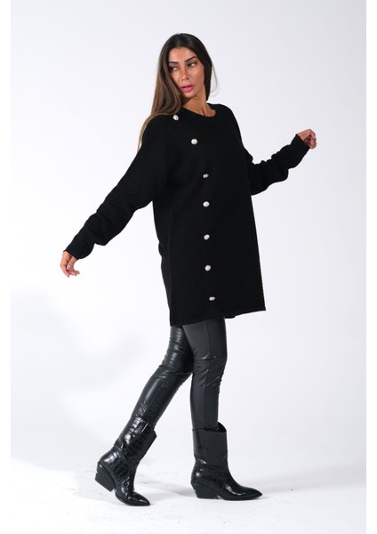 Kadın Siyah Bisiklet Yaka Fitilli Düğme Detaylı Triko Kazak fiyatları