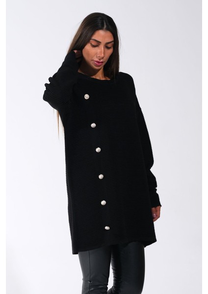 Kadın Siyah Bisiklet Yaka Fitilli Düğme Detaylı Triko Kazak modelleri