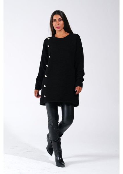 Kadın Siyah Bisiklet Yaka Fitilli Düğme Detaylı Triko Kazak fırsatları
