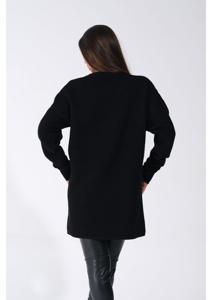 Kadın Siyah Bisiklet Yaka Fitilli Düğme Detaylı Triko Kazak indirimleri