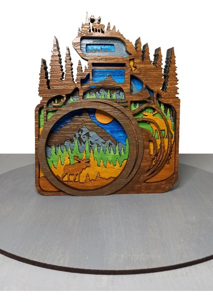 Ahşap Mdf Çok Katmanlı Fotoğraf Makinesi Manzara Dekoratif Obje