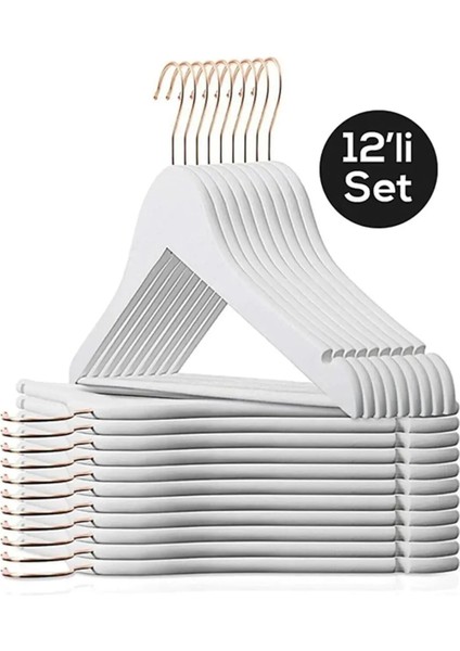 12 Adet Beyaz Askı Gold Kancalı Ahşap Görünümlü Plastik Askı Elbise Kıyafet Askısı