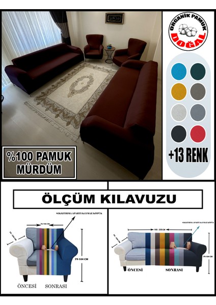 Pamuk Fransız Kumaş 2 Adet Üçlü Çekyat & Kanepe - 2 Adet Tekli Koltuk Kılıfı Seti