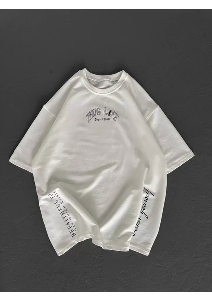 Unisex Baskılı Oversize T-Shirt - Beyaz fırsatları