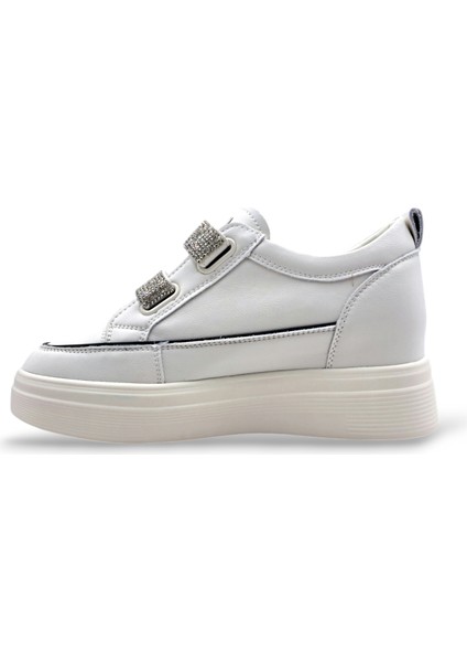 G24K313 Deri 2 cm Gizli Topuk Taşlı Cırtlı Kadın Beyaz Sneaker Spor Ayakkabı modelleri