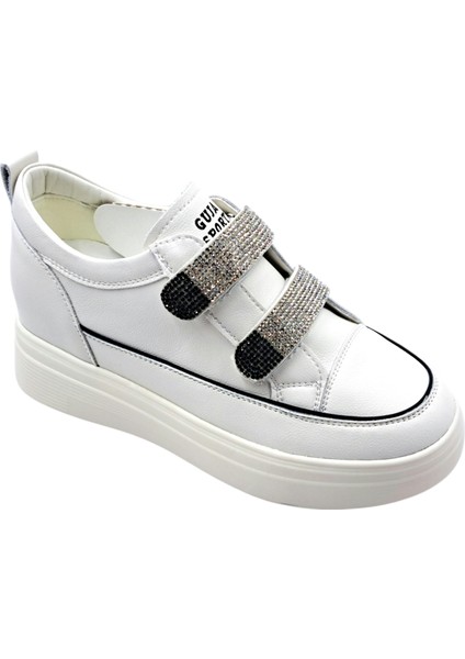 G24K313 Deri 2 cm Gizli Topuk Taşlı Cırtlı Kadın Beyaz Sneaker Spor Ayakkabı indirimleri