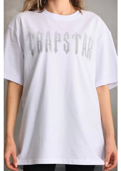 Unisex Taş Desenli Oversize T-Shirt - Beyaz modelleri