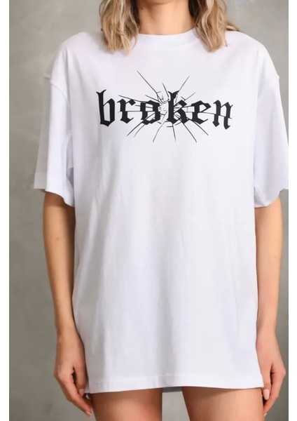 Unisex Baskılı Oversize T-Shirt - Beyaz modelleri