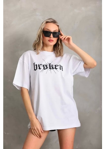 Unisex Baskılı Oversize T-Shirt - Beyaz fırsatları