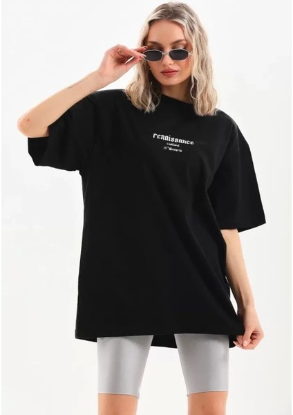 Unisex Baskılı Oversize T-Shirt - Siyah