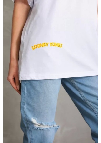 Unisex Baskılı Oversize T-Shirt - Beyaz modelleri