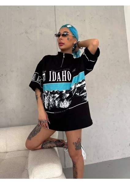 Unisex Baskılı Yarım Fermuarlı T-Shirt - Siyah modelleri