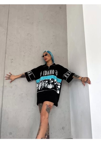 Unisex Baskılı Yarım Fermuarlı T-Shirt - Siyah fırsatları