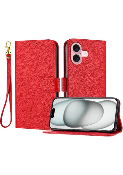 IPhone 16 Için Telefon Kılıfı Artı Litchi Desen Flip Folio Pu Deri Kart (Yurt Dışından)