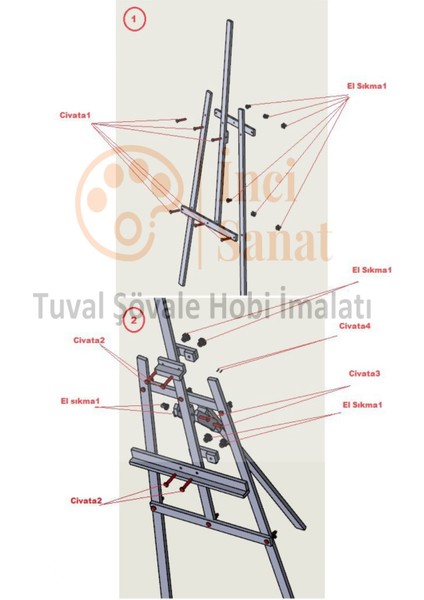 İnci Tuval Şövale 172 cm Standart Ahşap Ayaklı Ayarlanabilir El Kelebek Somunlu Ressam Tuval Sehpası Vernikli