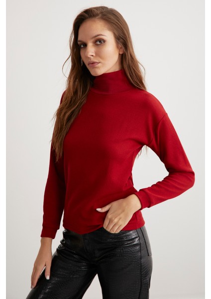 Padma Kadın Dik Yaka Dar Kesim Viskon Karışımlı Bordo Bluz