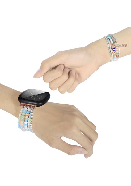 Fit Versa 3 Için Göz Boncuklu Zincirli Saat Bandı / Sense Pembe (Yurt Dışından)
