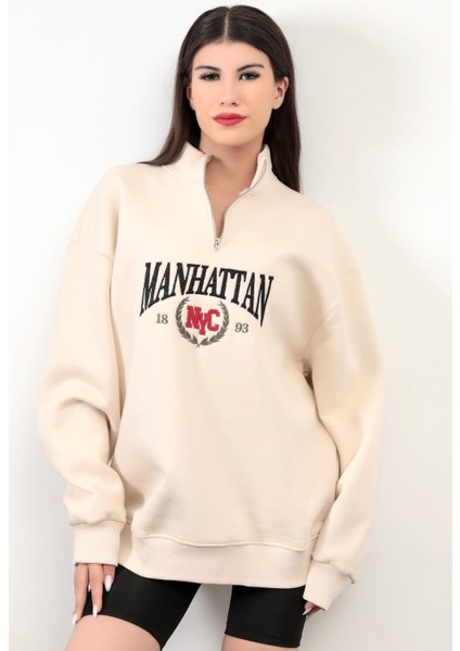 Bej Manhattan Pamuk Karışımlı Yarım Fermuar Dik Yaka Kadın Oversize Sweatshirt - 9012