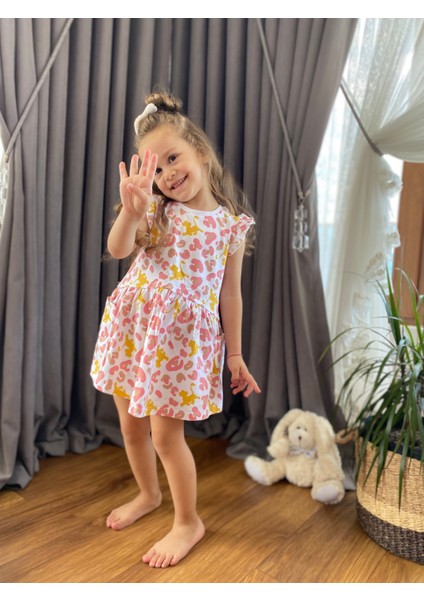Babyaden Leopar Desenli Cepli Kolları Fırfırlı Pamuklu Kız Bebek Çocuk Elbise