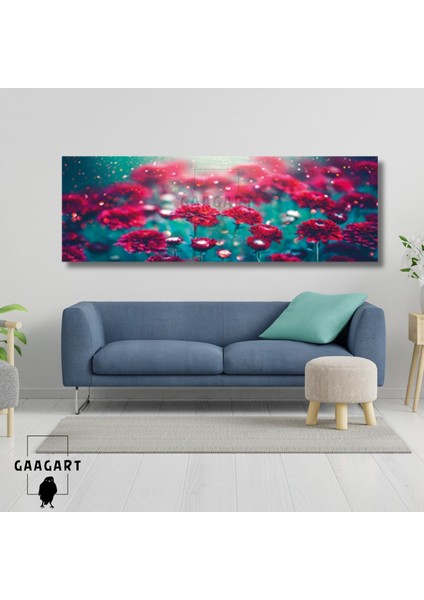 Uzun Panaromik Kanvas Tablo Pembe Işıltılı Çiçek Tasarımı