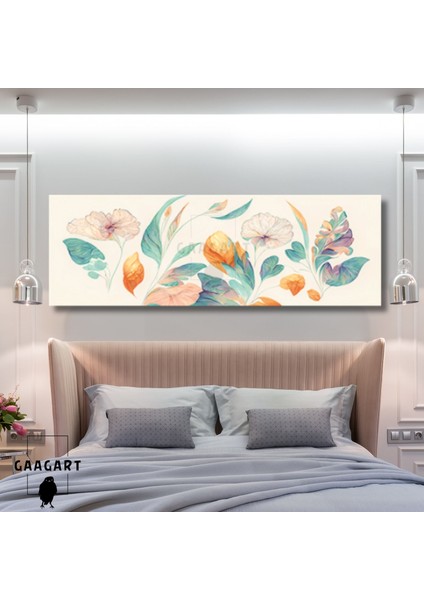 Uzun Panaromik Kanvas Tablo Mavi Turuncu Çizgisel Çiçek Tasarım