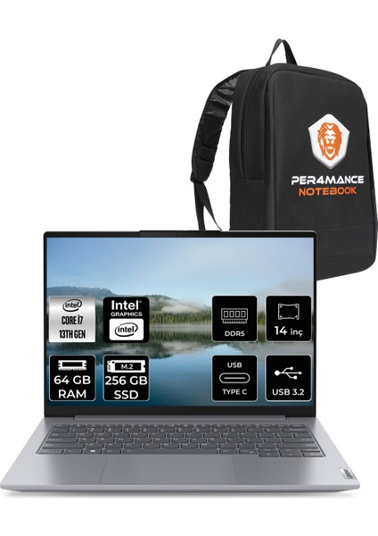 Thinkbook 14 G6 Irl Intel Core I7 13700H 64GB 256GB SSD 14" Fhd+ Fdos Taşınabilir Bilgisayar & Per4 Çanta 21KG004NTRP331
