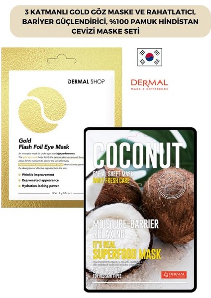 3 Katmanlı Gold Göz Maske ve Rahatlatıcı, Bariyer Güçlendirici, %100 Pamuk Hindistan Cevizi Maske Seti
