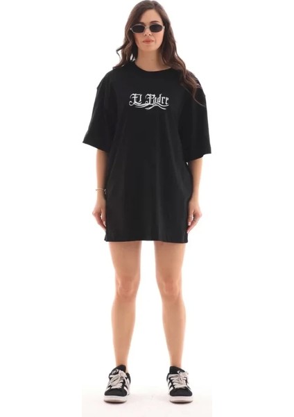 Unisex Bisiklet Yaka Baskılı Oversize T-Shirt - Siyah