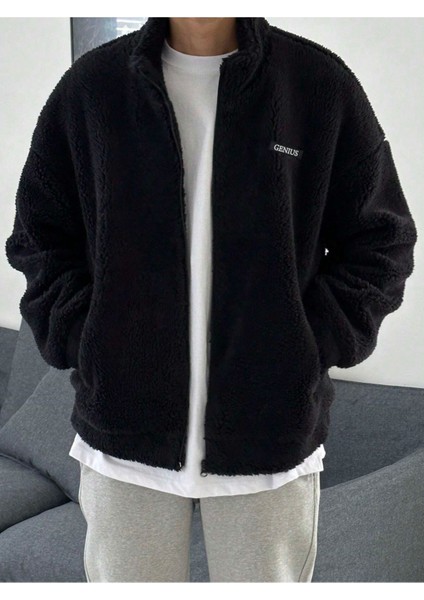 Oversize Tam Fermuarlı Kuzu Sweatshirt Içi Polarlı Sherpa Kumaş Sweatshirt Siyah S