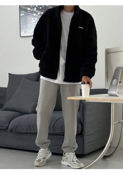 Oversize Tam Fermuarlı Kuzu Sweatshirt Içi Polarlı Sherpa Kumaş Sweatshirt Siyah S