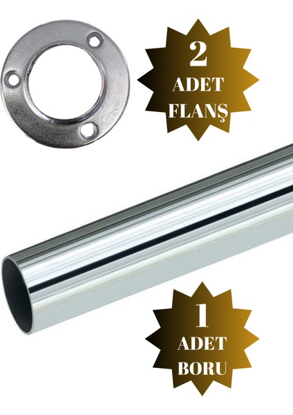 Metal Yuvarlak Krom Askı Borusu Mobilya Askı Borusu (2 Adet Yuvarlak Flanş 1 Adet Boru) (Metal Yuvarlak Çap:25 mm)